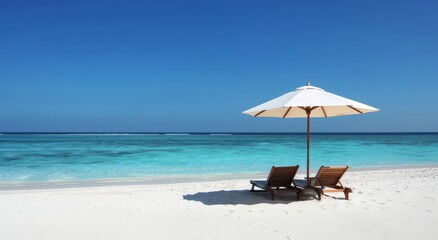 A serene beach scene with two wooden sun loungers under an umbrella, set against the backdrop of white sand and azure waters on Moncombine Island in Maldives.