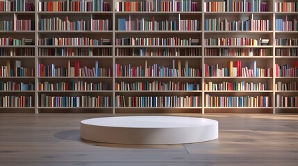 3d product stage, podium, minimal, clean, single podium, presentation, premium, shelves with lots of books on the background,generative ai