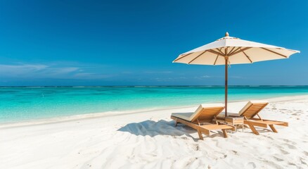 Fototapeta premium A serene beach scene with two wooden sun loungers under an umbrella, set against the backdrop of white sand and azure waters on Moncombine Island in Maldives.