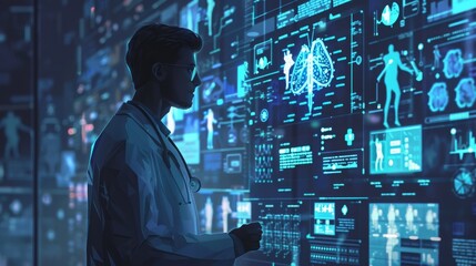 Fototapeta premium Scientist analyzing data on futuristic screen. Artificial intelligence and medical research concept.