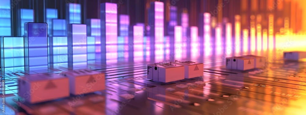 Poster vibrant 3d rendered music equalizer visualization with colorful neon pulsing bars and reflections