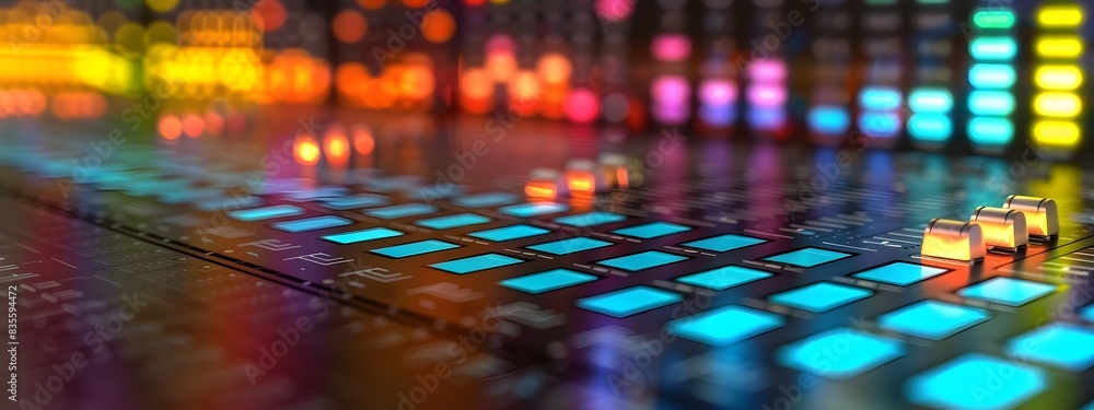 Poster vibrant 3d music equalizer bars adjusting audio frequencies in abstract neon visualization