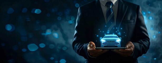 Businessman holding a digital tablet with a car icon hologram over a dark background, in the style of a business concept for online marketing and sales of vehicles in the hands close up.