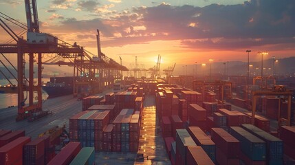 Container Ship Docking at Busy Port Terminal During Stunning Sunset: Global Trade and Logistics in Action - Generative AI