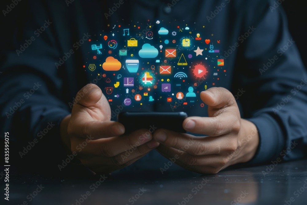 Wall mural businessman using mobile phone with digital marketing icons floating above, closeup on hands and dev - Wall murals