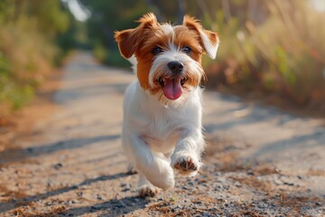 Adorable small dog with brown and white fur running enthusiastically down a sunlit dirt path surrounded by nature on a warm, bright day