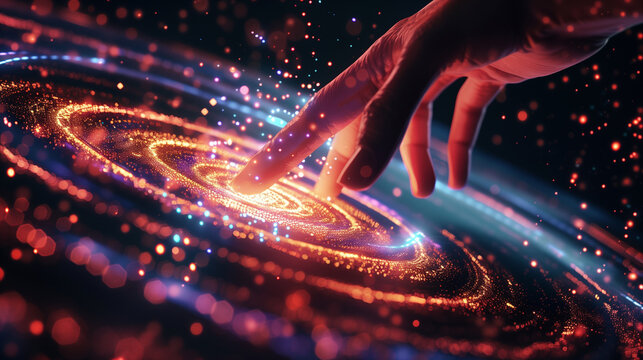 A hand interacts with a spinning digital data flow, representing futuristic technology and data processing.