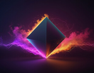 aesthetic geometric cube purple, showcasing futuristic technology, featuring glare cubes, digital signals, shining glitch smoky