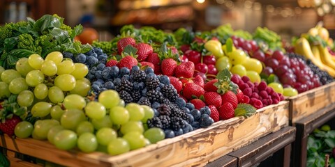 A vibrant display of assorted fresh fruits including grapes, strawberries, blueberries,...