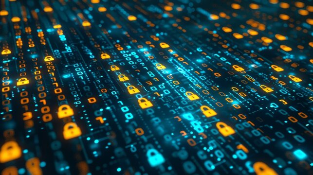 Digital background featuring blue binary code with yellow padlock icons.