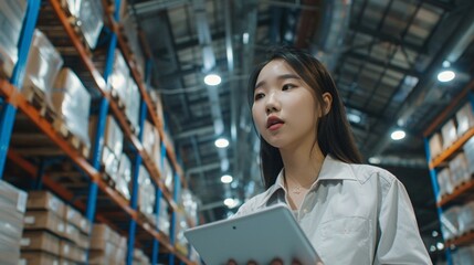 Young Female Warehouse Manager Using Digital Tablet for Efficient Inventory Management and Logistics in a Modern Industrial Storage Facility - Generative AI