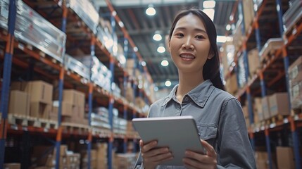 Young Female Warehouse Manager Using Digital Tablet for Efficient Inventory Management and Logistics in a Modern Industrial Storage Facility - Generative AI