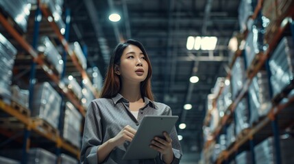Young Female Warehouse Manager Using Digital Tablet for Efficient Inventory Management and Logistics in a Modern Industrial Storage Facility - Generative AI