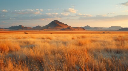 Obraz premium A panoramic view of a majestic mountain range under a partly cloudy sky with golden grasslands stretching towards the horizon in the early evening light