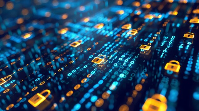 Digital background featuring blue binary code with yellow padlock icons.