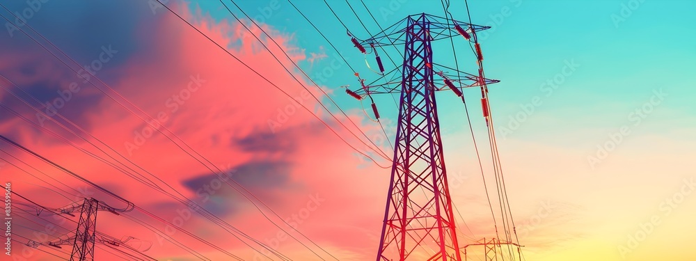 Poster electrical grid transmitting power at different frequencies across the landscape