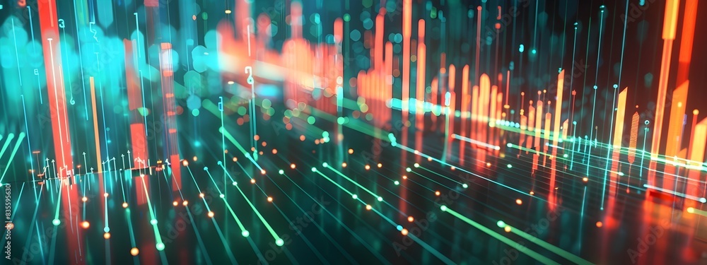 Poster fluctuating market data graph with colorful futuristic visualization
