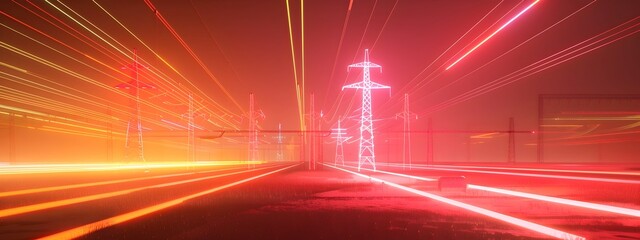 Futuristic 3D Rendered Electrical Grid Transmitting High Voltage Power