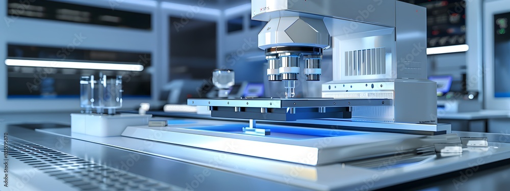 Poster highly precise spectrophotometer instrument measuring light absorption across frequencies for