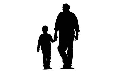 Father and Son walking Silhouette Vector, Dad and Son Holding hands black Clip art
