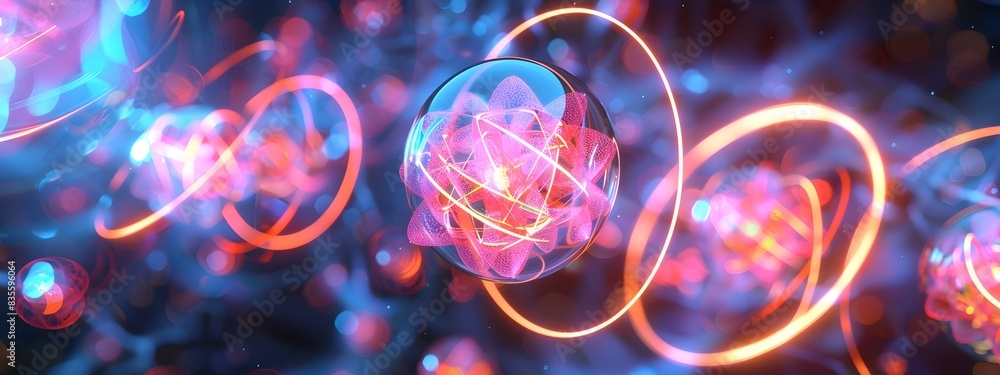 Poster vibrant atomic spectra abstraction with luminous swirls and glowing particles
