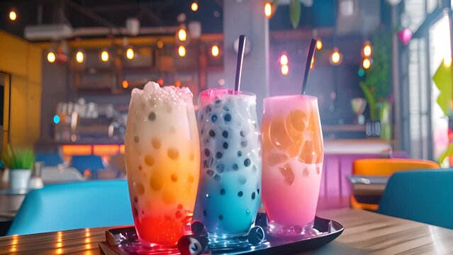 Colorful Bubble Tea Drinks in Modern Caf&eacute; with Ai generated.
