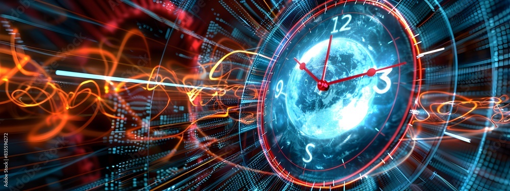 Poster atomic clock visualizing precise timekeeping through vibrant digital
