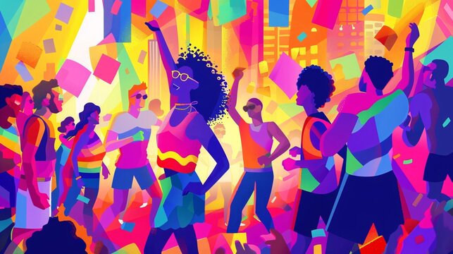 An energetic vector illustration portraying the joyous atmosphere of an LGBTQ+ and Pride month festival in an urban location, featuring vibrant colors, simple shapes, and diverse individuals, perfect