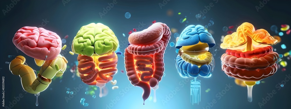 Poster detailed 3d rendered of digestive processes occurring at different rates and frequencies within the