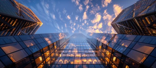 A photo of tall buildings with glass facades, illuminated from within, reflecting lights 