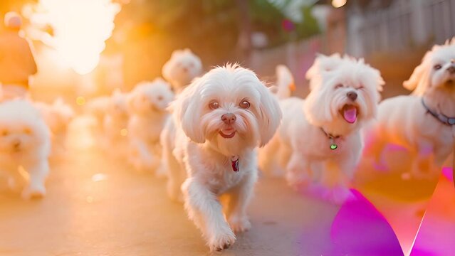 Group of Maltese Dogs Walking Outdoors with Ai generated.

