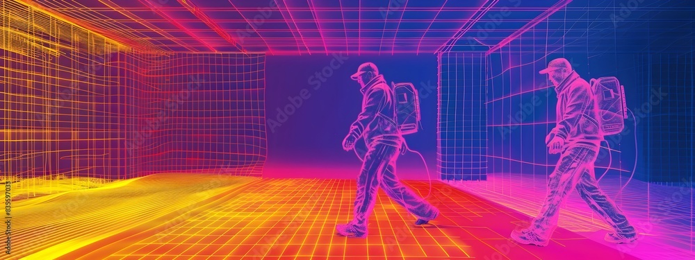 Poster futuristic infrared imaging visualization with neon color spectrum grid pattern