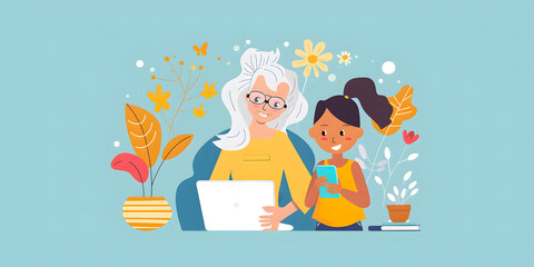 Abuela y nieta haciendo uso de la tecnología como laptop y smartphone dibujo caricatura a colores 