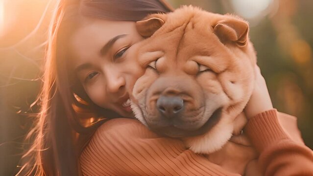 Woman Hugging Happy Shar Pei Dog with Ai generated.
