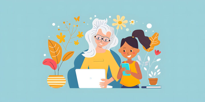 Abuela y nieta haciendo uso de la tecnolog&iacute;a como laptop y smartphone dibujo caricatura a colores 