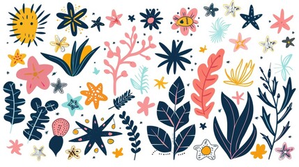 Collection of doodle elements including stars and plants