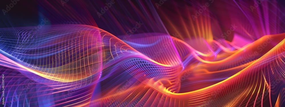 Poster vibrant electromagnetic wave visualization with flowing abstract patterns