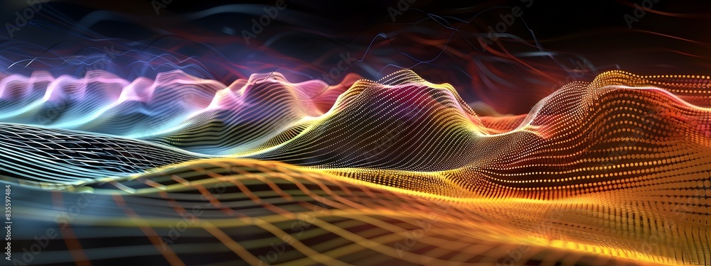 Poster shimmering electromagnetic waves vibrant digital of dynamic frequency patterns