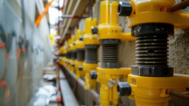 A closeup shot captures the installation of specialized shock absorbers designed to absorb the impact of an earthquake and prevent damage to the buildings structure.