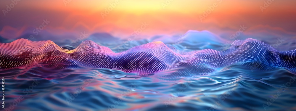 Poster visualizing the rhythmic patterns of tidal waves in a surreal digital landscape