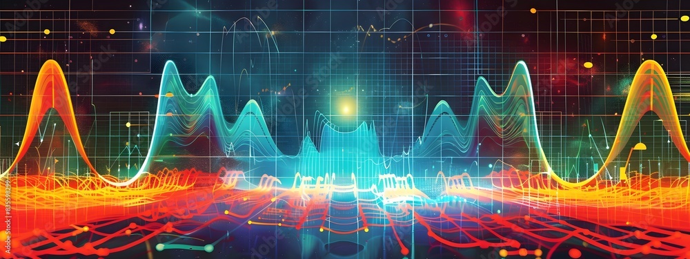 Poster vibrant oscilloscope display showcasing electrical signals at different frequencies