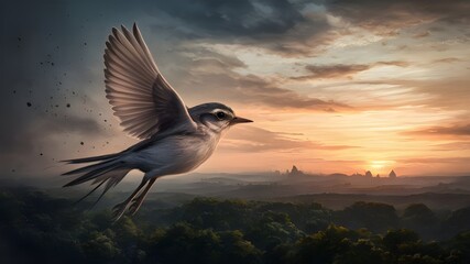  A little bird escapes and flies to freedom, sunset, postcard, brush drawing