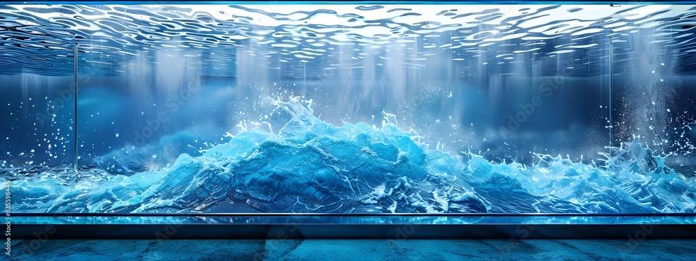Poster d rendered wave tank experiment showcasing variable water frequency waveforms