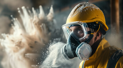 Obraz premium Close-up of a construction worker wearing protective gear and a mask in a dusty environment, emphasizing safety and caution.