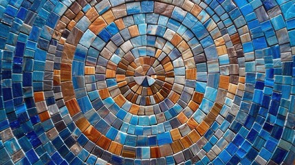 Abstract mosaic background with blue and brown tiles arranged in a circular pattern, top view. Mosaic texture for design, decoration or interior mural