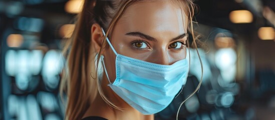 A beautiful woman wearing a face mask is working out in the gym, a portrait of a fitness girl with...