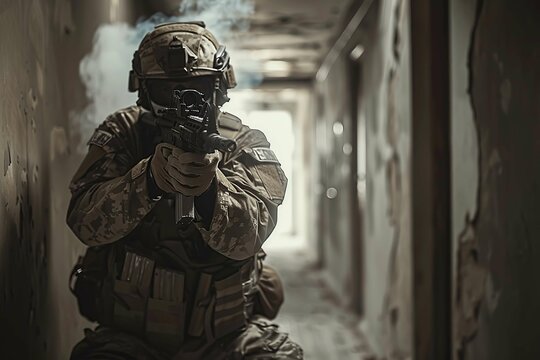 soldier carrying out a search operation in a building