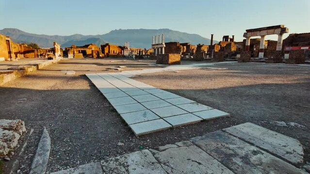 Pompeii Forum with trade, administration, justice and worship buildings, Pompeii, Naples, Campania, Italy, an ancient Roman city buried by Vesuvius in 79 AD