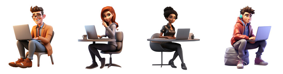 Set of 3D cartoon character young people using laptop computer siting on the chair table, Full body isolated on white background, png