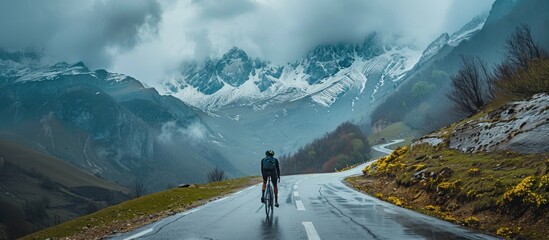 A cyclist riding on the snowy road in front of mountains,